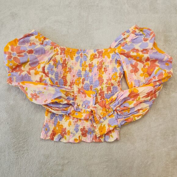 Free People Ariana Top Small Floral Smocked Square Neck Cottagecore Blouse - Picture 11 of 12